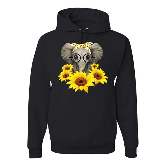 Elephant Sunflower Cute Love Animal Lover Unisex Graphic Hoodie Sweatshirt, Black, X-Large