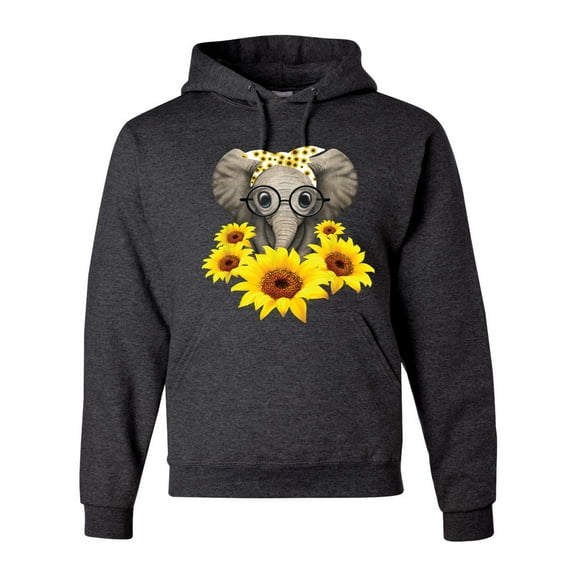 Elephant Sunflower Cute Love Animal Lover Unisex Graphic Hoodie Sweatshirt, Heather Black, Medium