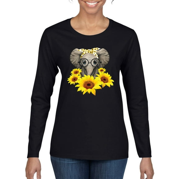 Elephant Sunflower Cute Love Animal Lover Womens Graphic Long Sleeve T-Shirt, Black, Small