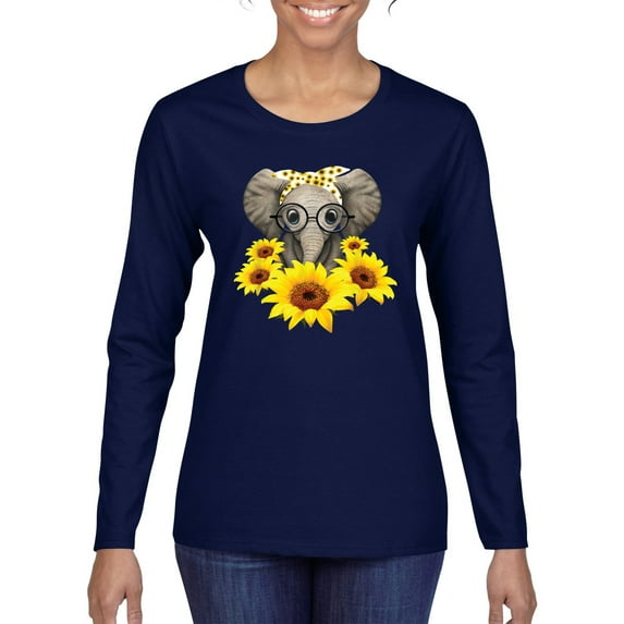 Elephant Sunflower Cute Love Animal Lover Womens Graphic Long Sleeve T-Shirt, Navy, X-Large