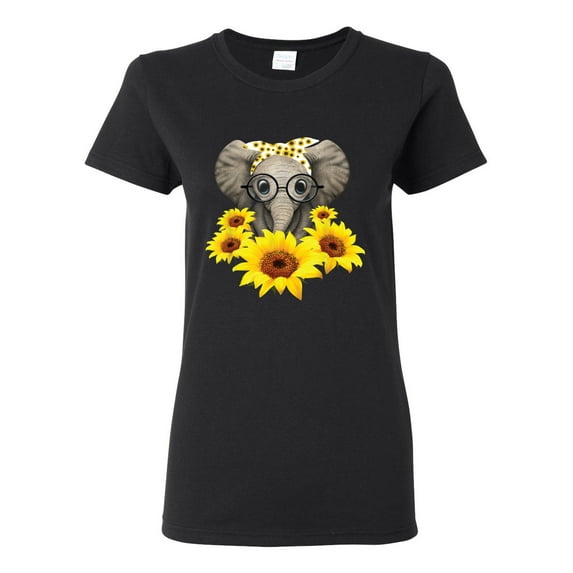 Elephant Sunflower Cute Love Animal Lover Womens Graphic T-Shirt, Black, Small