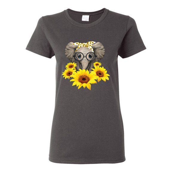 Elephant Sunflower Cute Love Animal Lover Womens Graphic T-Shirt, Charcoal, Medium