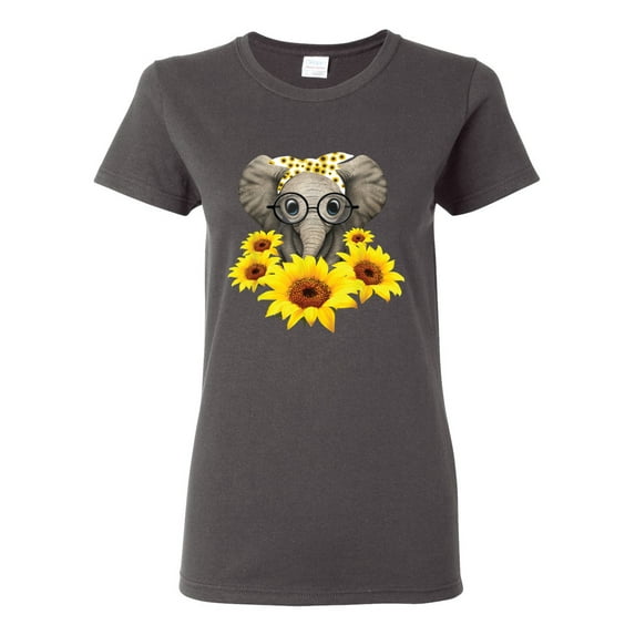 Elephant Sunflower Cute Love Animal Lover Womens Graphic T-Shirt, Charcoal, Medium