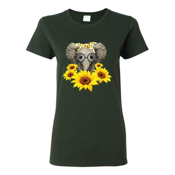 Elephant Sunflower Cute Love Animal Lover Womens Graphic T-Shirt, Forest Green, X-Large