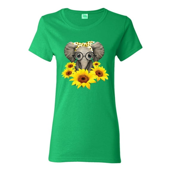 Elephant Sunflower Cute Love Animal Lover Womens Graphic T-Shirt, Kelly, 2XL