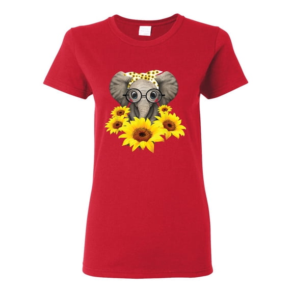Elephant Sunflower Cute Love Animal Lover Womens Graphic T-Shirt, Red, 2XL