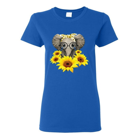 Elephant Sunflower Cute Love Animal Lover Womens Graphic T-Shirt, Royal, 2XL
