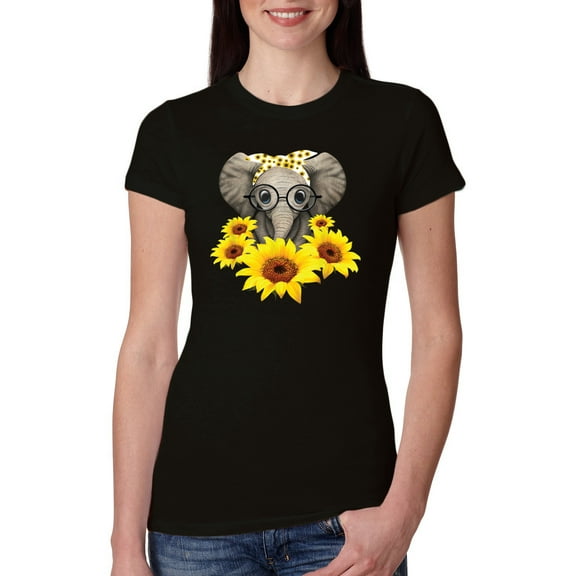 Elephant Sunflower Cute Love Animal Lover Womens Slim Fit Junior Tee, Black, Small