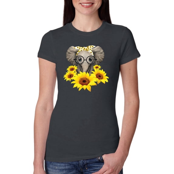 Elephant Sunflower Cute Love Animal Lover Womens Slim Fit Junior Tee, Dark Grey, Large