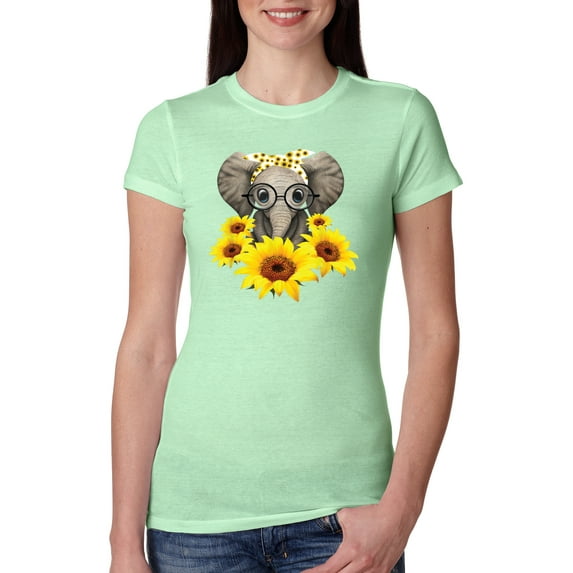 Elephant Sunflower Cute Love Animal Lover Womens Slim Fit Junior Tee, Mint, Large