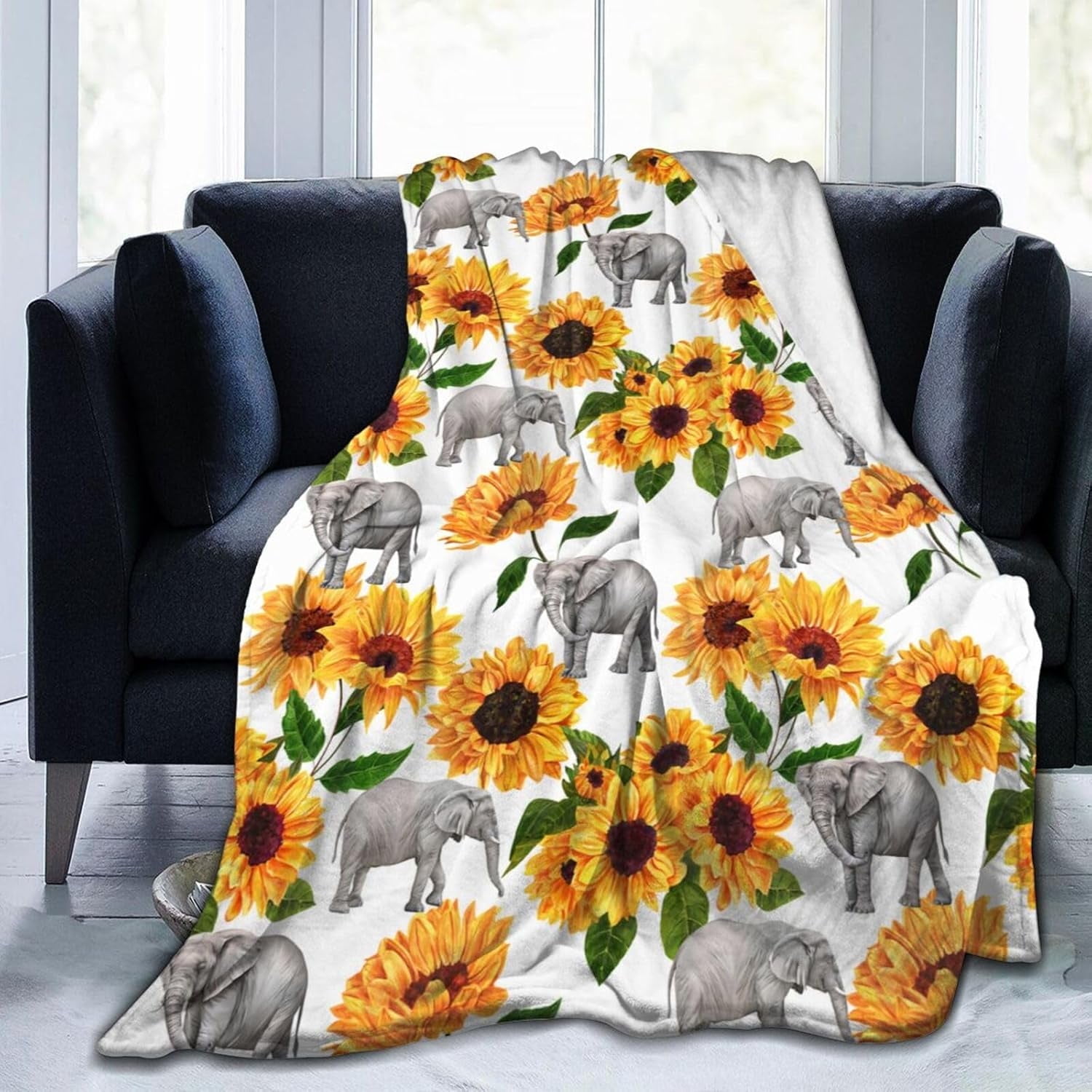 Elephant Sunflower Throw Blanket Warm Cozy Plush Bed Blankets for Sofa Couch Bedroom,Sunflower Elephant Gifts for Women Adults 50"X40"
