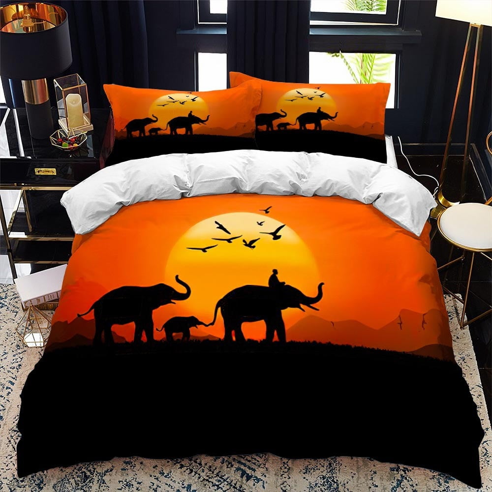 Elephant Sunset Duvet Cover Wild Animal Theme Twin Bedding Set for Kids