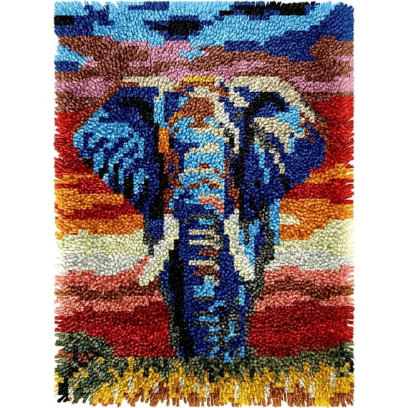 Elephant with Sunset Easy DIY Latch Hook Rug Kits DIY Tapestry Crochet Hooking Mat Making Kits With Printed Pattern Canvas Needlework Kits 52x38cm n-51)