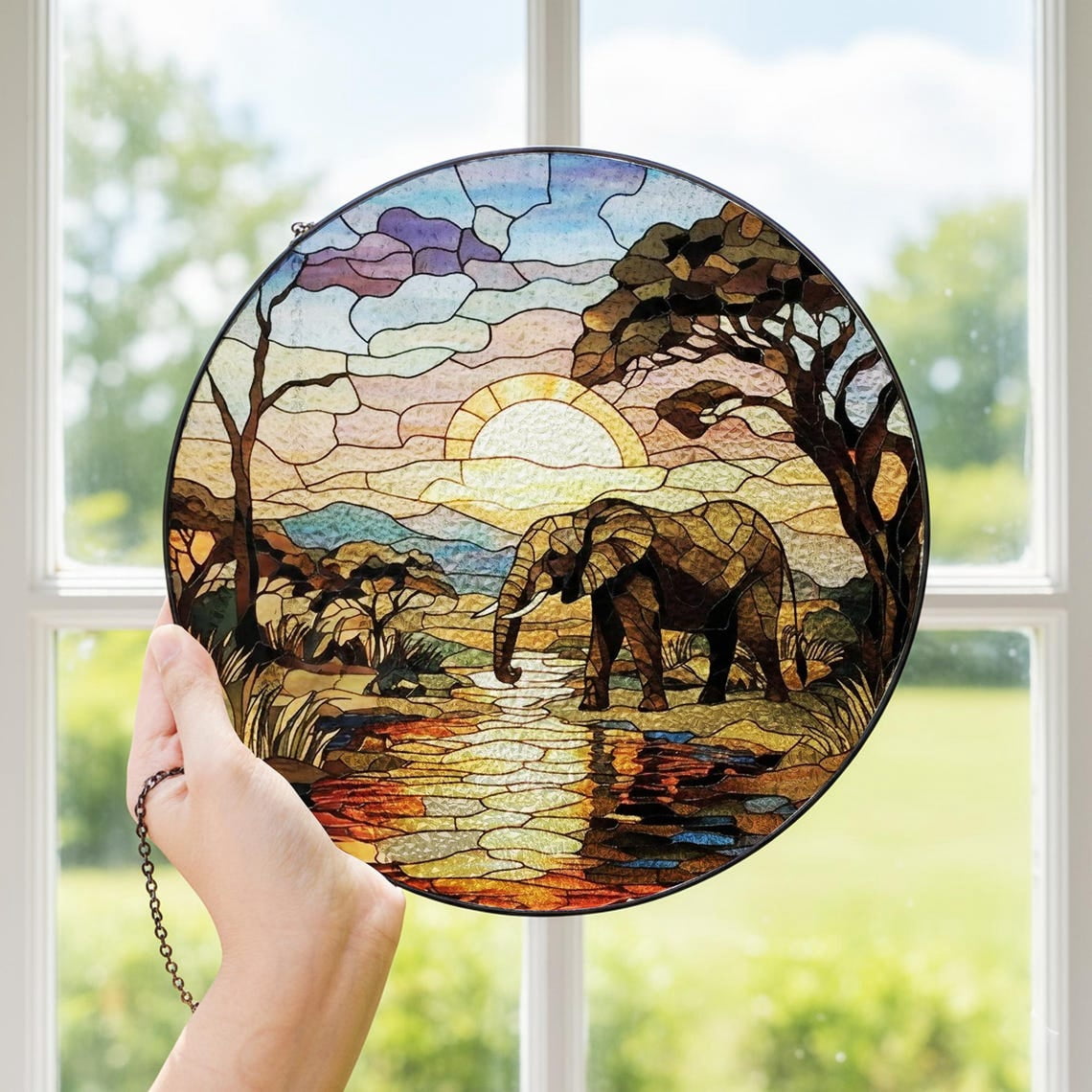 Elephant Sunset Glass Suncatcher, Safari Animal Window Art, African ...