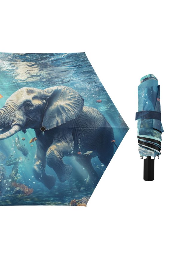 Elephant Swimming under Sea All Weather Umbrella Triple Folding Parasol 6 Ribs UV Protection Portable