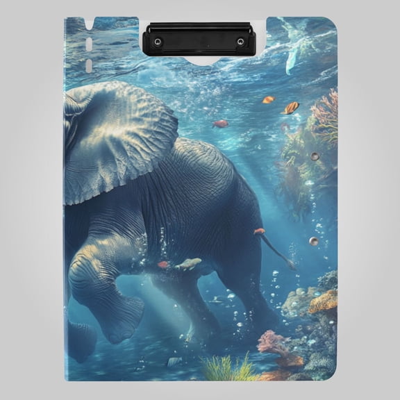 Elephant Swimming under Sea Foldable Binder Folder Clipboard with Pen Slot Double Clips A4 Size File Storage
