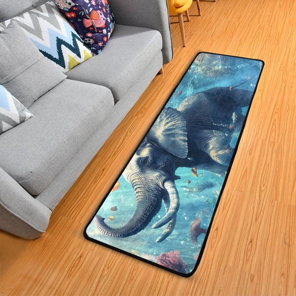 Elephant Swimming under Sea Long Floor Mat Runner Rug Area Mat Noise Reduction Water Absorbent Non-Slip 72" x 24"