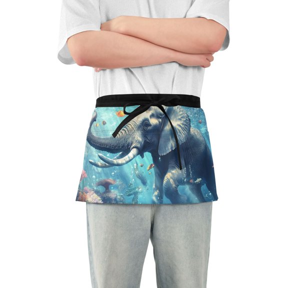 Elephant Swimming under Sea Short Server Apron with 3 Pockets for Unisex Chef Gardening