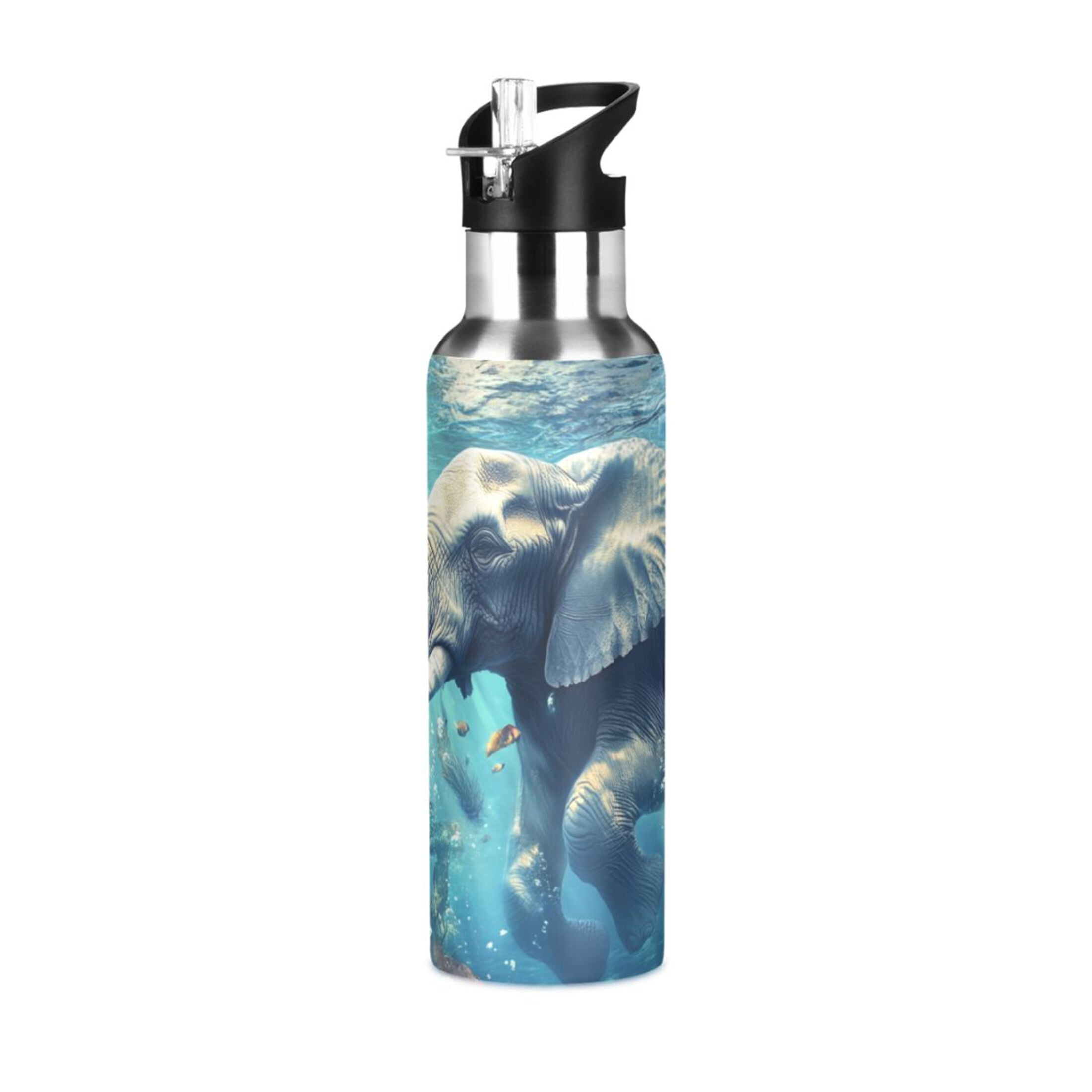 Elephant Swimming under Sea Sports Bottle with Straw Stainless Steel Water Jug Portable Thermal Cup Leak-proof 1000ML