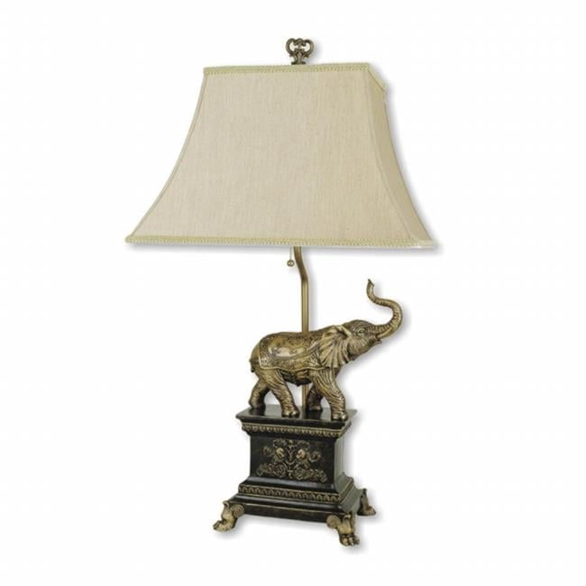 Antique Gold Elephant Table Lamp with White Linen Shade