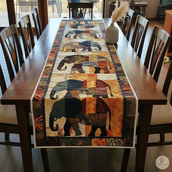 Elephant Table Runner, Boho Safari Patchwork Quilt, Dining Table Accent
