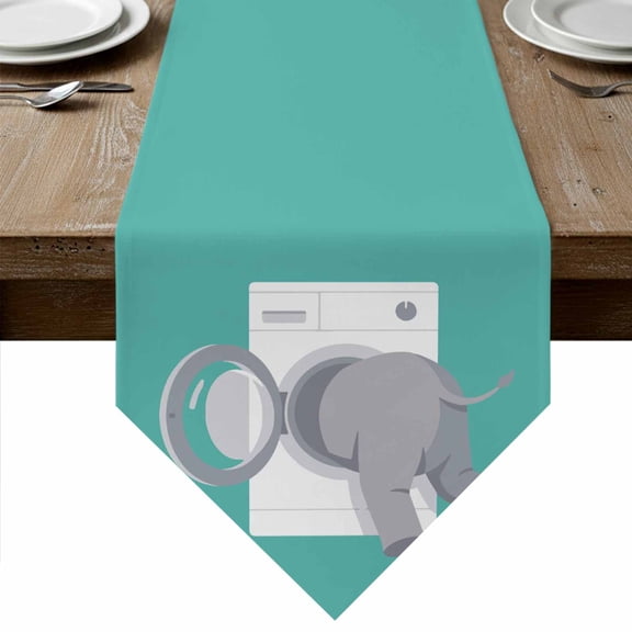 Elephant Table Runner Linen Burlap Table Runner 90 Inches Long Teal Laundry Room Washing Machine Dresser Scarves for Kitchen Island Coffee Dining Room Party Wedding Banquet Holiday Decoration 13"x90"