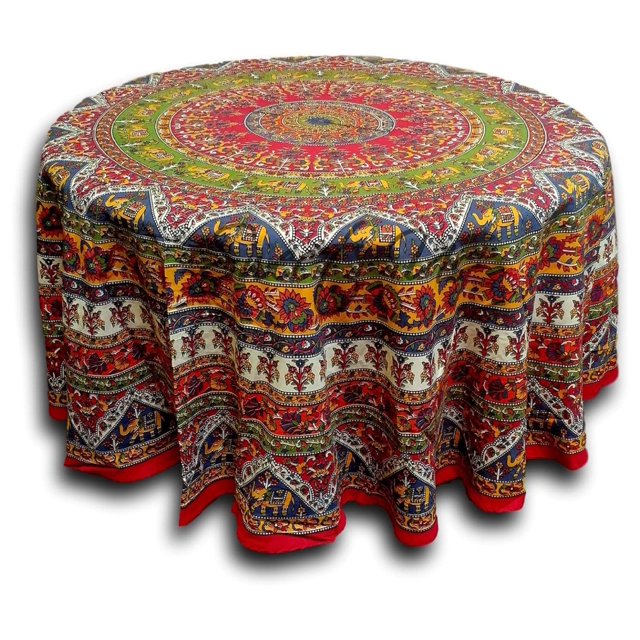 Elephant Tablecloth for Round Tables, Cotton Floral Kitchen Dining
