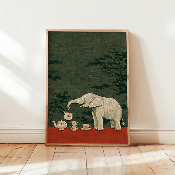 Elephant Tea Party Linocut Wall Art Decor Unframed Paper Print