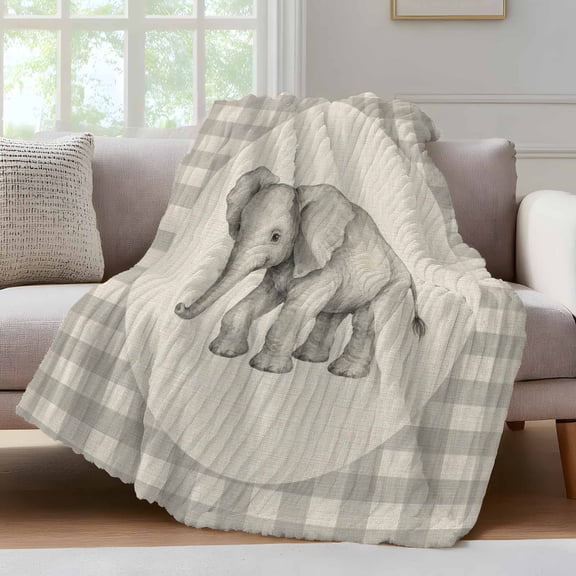 Elephant Throw Blanket for Couch Gray Plaid Modern Funny Animal Rustic Soft and Warm Flannel 3D Striped Fluffy Fuzzy Fleece Blanket Lightweight Throw for Bed, Sofa 30 x 40 Inches