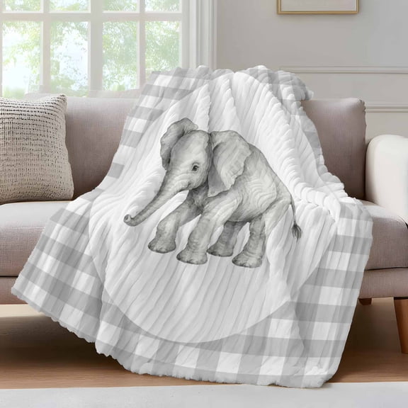Elephant Throw Blanket for Couch Gray Plaid Modern Funny Animal Soft and Warm Flannel 3D Striped Fluffy Fuzzy Fleece Blanket Lightweight Throw for Bed, Sofa 30 x 40 Inches
