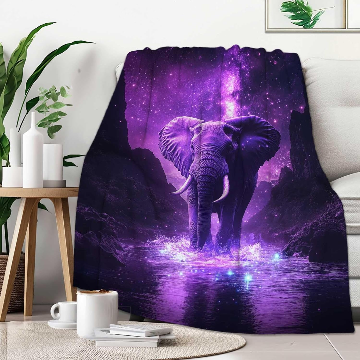 Elephant Throw Blanket Elephant Gift for Women Men Fleece Purple Print Pattern Soft Plush Lightweight for Couch Sofa Bed and Living Room Decor 50x60 inches