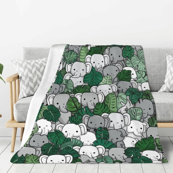 Elephant Throw Blanket, Tropical Leaves Cartoon Animal Flannel Blanket, Soft Lightweight Cozy Blanket For Couch Sofa Bed Decor 50x40