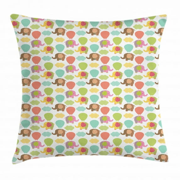 Elephant Throw Pillow Cushion Cover, Colorful Flying Animals Tied to Air Balloons Striped Clouds Polka Dots for Kids, Decorative Square Accent Pillow Case, 20 X 20 Inches, Multicolor, by Ambesonne