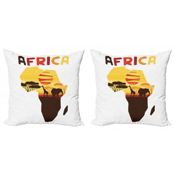 Elephant Throw Pillow Cushion Cover Pack of 2, Concept Continent Map with Wild Life Scene, Zippered Double-Side Digital Print, 4 Sizes, Brown Mustard, by Ambesonne
