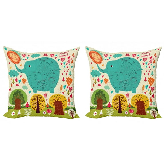 Elephant Throw Pillow Cushion Cover Pack of 2, Doodle Nature Forest Theme with Colorful Elephant Trees Sun and Leaves, Zippered Double-Side Digital Print, 4 Sizes, Multicolor, by Ambesonne