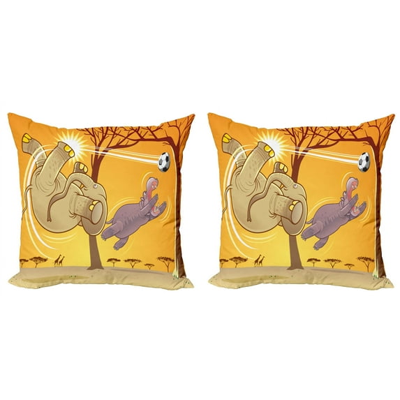 Ambesonne Cartoon Throw Pillow Cover 2 Pack, and Hippo Ball, 24", Orange Umber Purple
