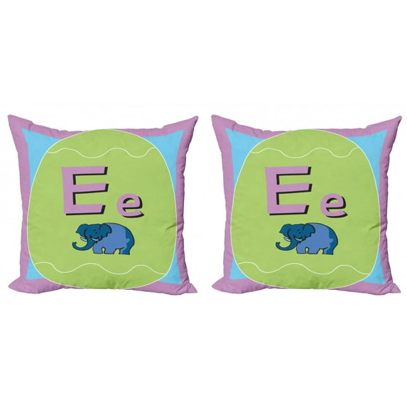 Elephant Throw Pillow Cushion Cover Pack of 2, Little Cartoon Style Animal Illustration and Letter E in a Huge Egg, Zippered Double-Side Digital Print, 4 Sizes, Apple Green Lilac, by Ambesonne