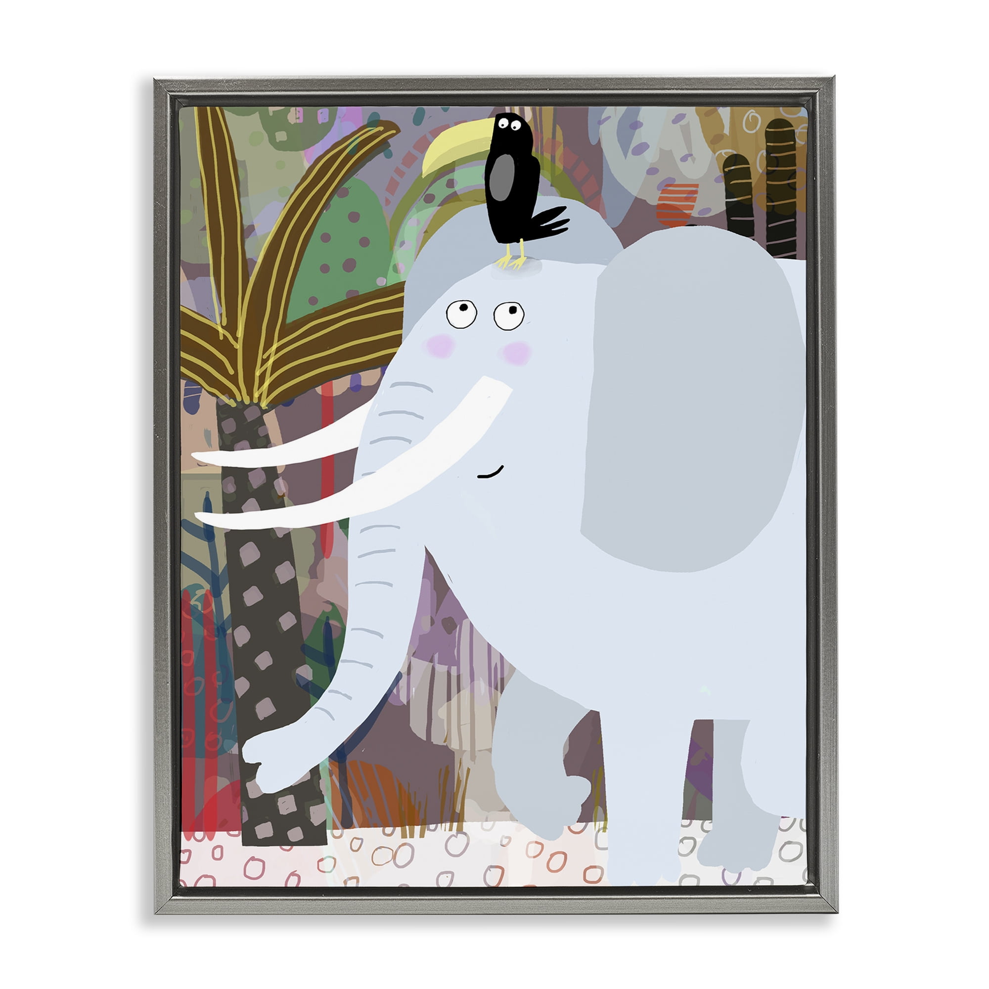 Elephant & Toucan in Jungle Gray Framed Floater Canvas Wall Art, design by Carla Daly
