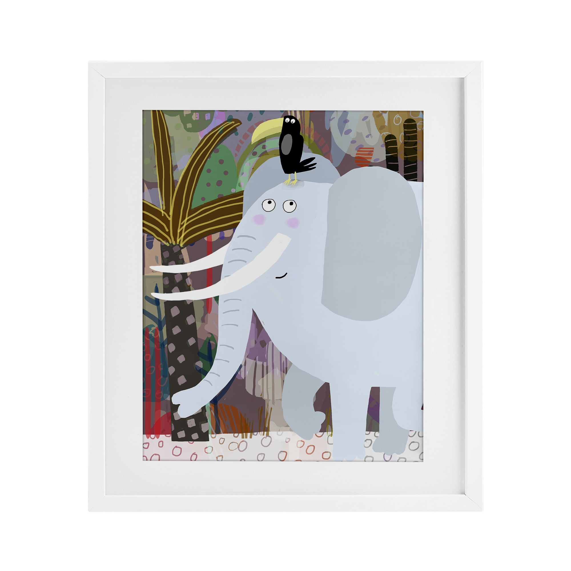 Elephant & Toucan in Jungle White Framed Print Under Glass, design by Carla Daly