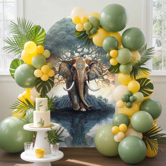 Elephant Tree Water Surface Arch Backdrop Cover, 4FT, Reflection Pink Clouds Sky Animal Spandex Arch Covers Double-Sided Backdrop for Wedding Birthday Party Photo Background Decoration