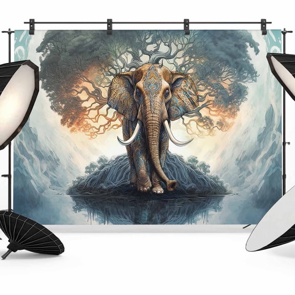 Elephant Tree Water Surface Backdrop for Photography, Reflection Pink Clouds Sky Animal Photo Backdrop Portrait Background Party Banner Photo Backgrounds for Studio Booth Props, 7x5ft