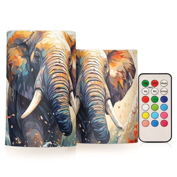 Elephant Trees Clouds Flameless CandlesLED Lights Battery Operated Candles with Remote and Timers Flicker Lights Votive Set of 2