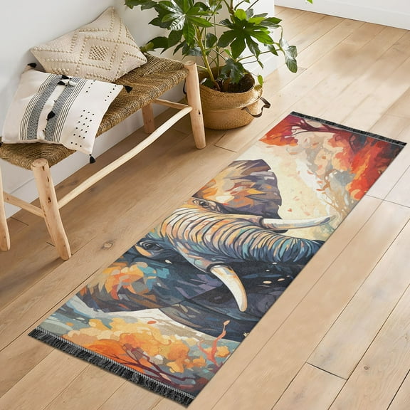 Elephant Trees Clouds Runner Rug Machine Washable Area Rugs Carpet Non Slip Entryway Mat for Bedroom Entryway Front Door
