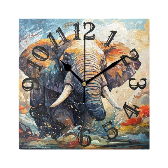 Elephant Trees Clouds Wall Clock Square Silent Non Ticking Battery Operated Clock for Home Bathroom Kitchen Bedroom Living Room