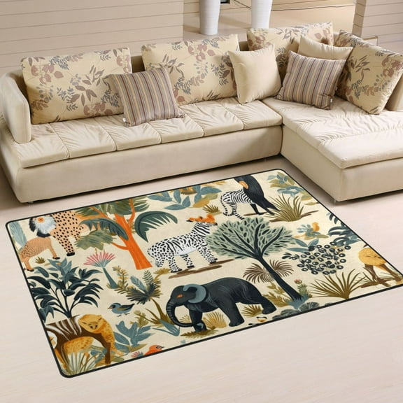 Elephant Trees Zebra Monkey Birds Area Rug Washable Floor Carpet Mat 60 x 39 inch for Bedroom Living Room Kids Room Home Decor