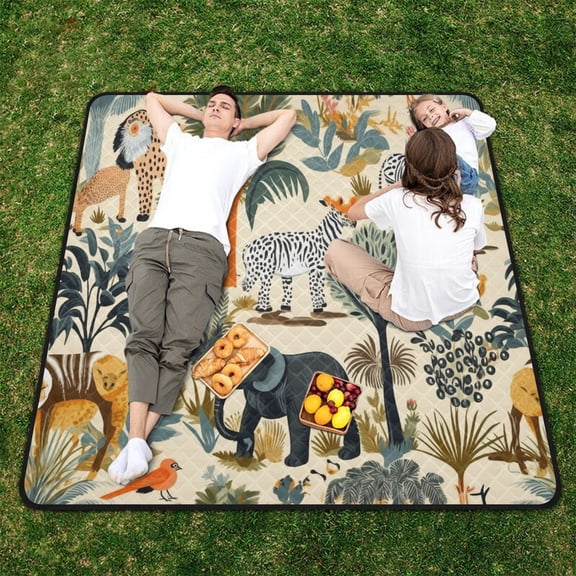 Elephant Trees Zebra Monkey Birds Beach Blanket Outdoor Picnic Blanket 78"x 78" Waterproof Foldable for Beach Camping Travel Hiking Grass Lawn Park