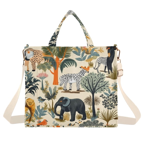 Elephant Trees Zebra Monkey Birds Corduroy Tote Bag Handbag Large Messenger Bag Shoulder Crossbody Zipper Bag Purse