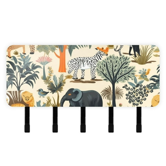 Elephant Trees Zebra Monkey Birds Mail Holder Organizer Wall Mount with Shelf Key Holder Key Rack with 5 Key Hooks for Wall Decorative