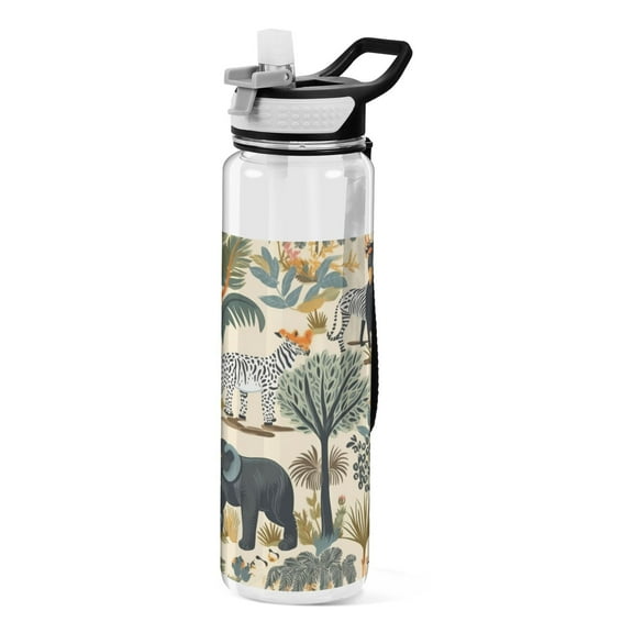 Elephant Trees Zebra Monkey Birds Sports Water Bottle Portable Travel Mug 32oz BPA Free Leak Proof Straw Transparent Tritan for Gym Yoga Cycling Camping