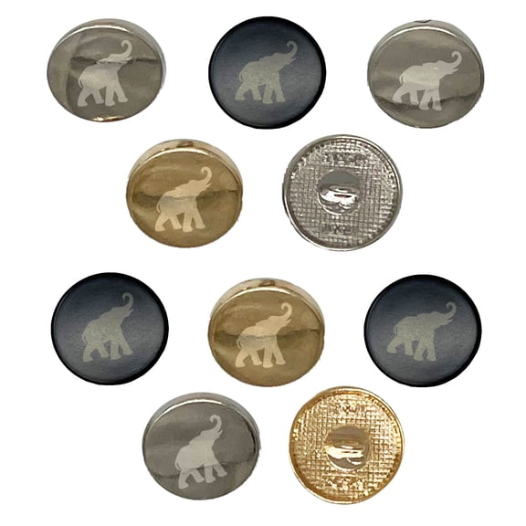 Elephant Trumpeting Solid Set of 10 Metal 0.6" (15mm) Sewing Shank Round Buttons - Silver Color